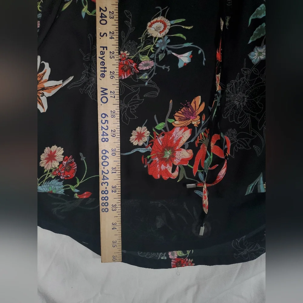 : fleur bleve black floral design button front Drawstring tunic dress top sz 8 - Picture 12 of 16